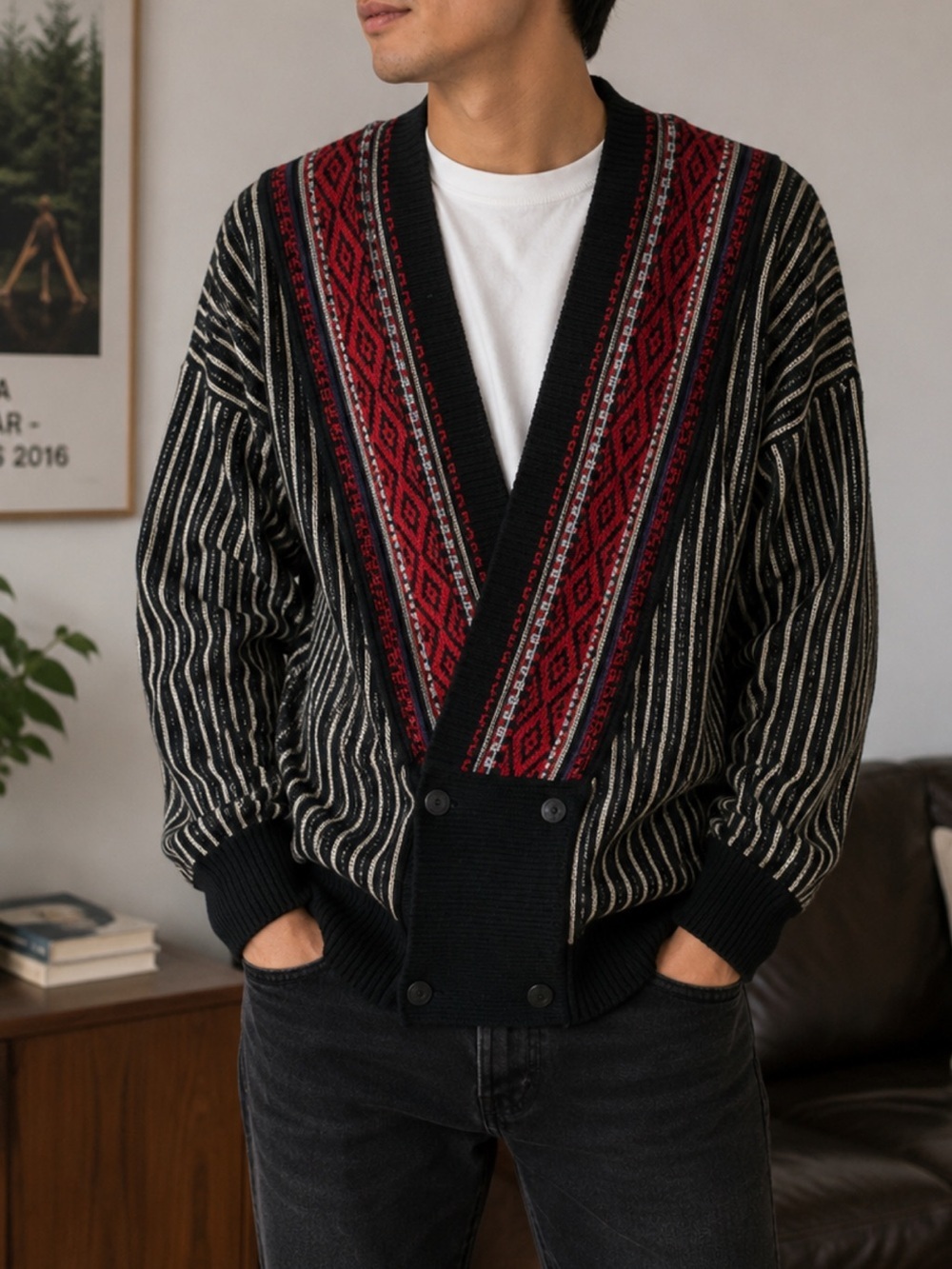 Vintage Native Pattern Cardigan Sweater M Black Red Acrylic Korea